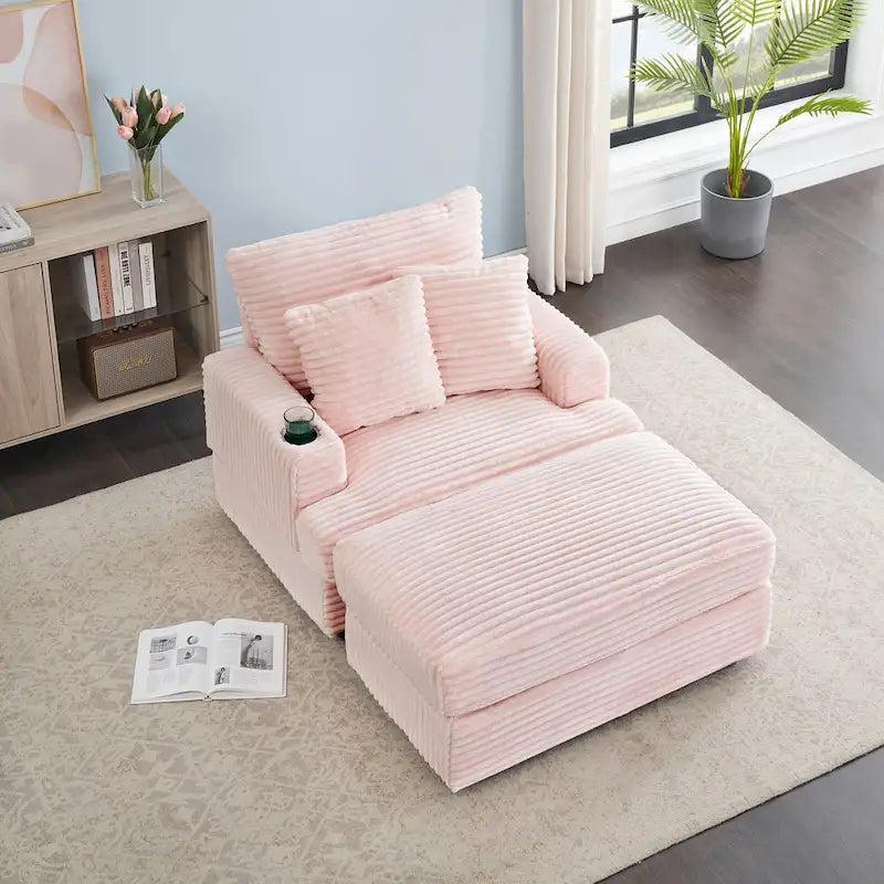 Pink 39.37 Corduroy Upholstered Single Armchair Sofa with Ottoman and Cup Holder for Lving Room