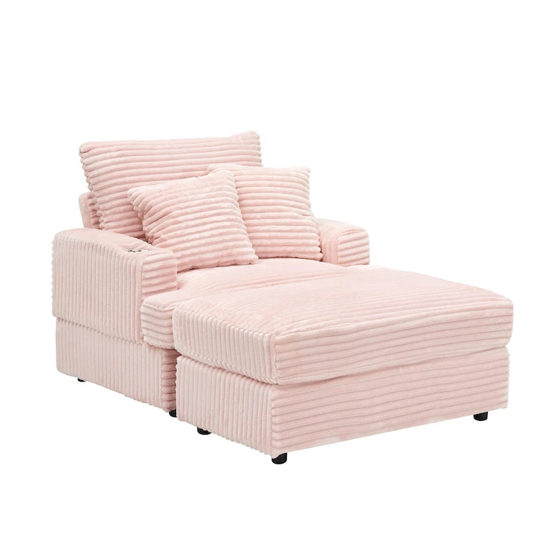 Pink 39.37 Corduroy Upholstered Single Armchair Sofa with Ottoman and Cup Holder for Lving Room