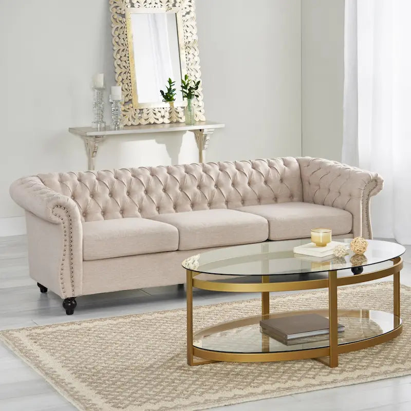 Beige Chesterfield Button Tufted 3-seater Sofa with Nailheads