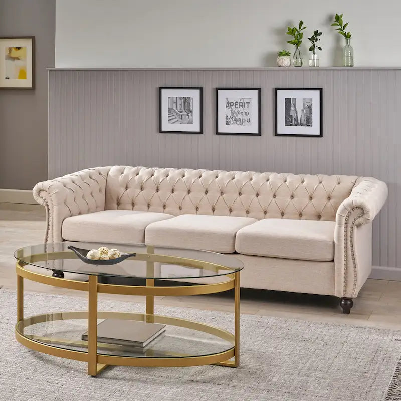 Beige Chesterfield Button Tufted 3-seater Sofa with Nailheads
