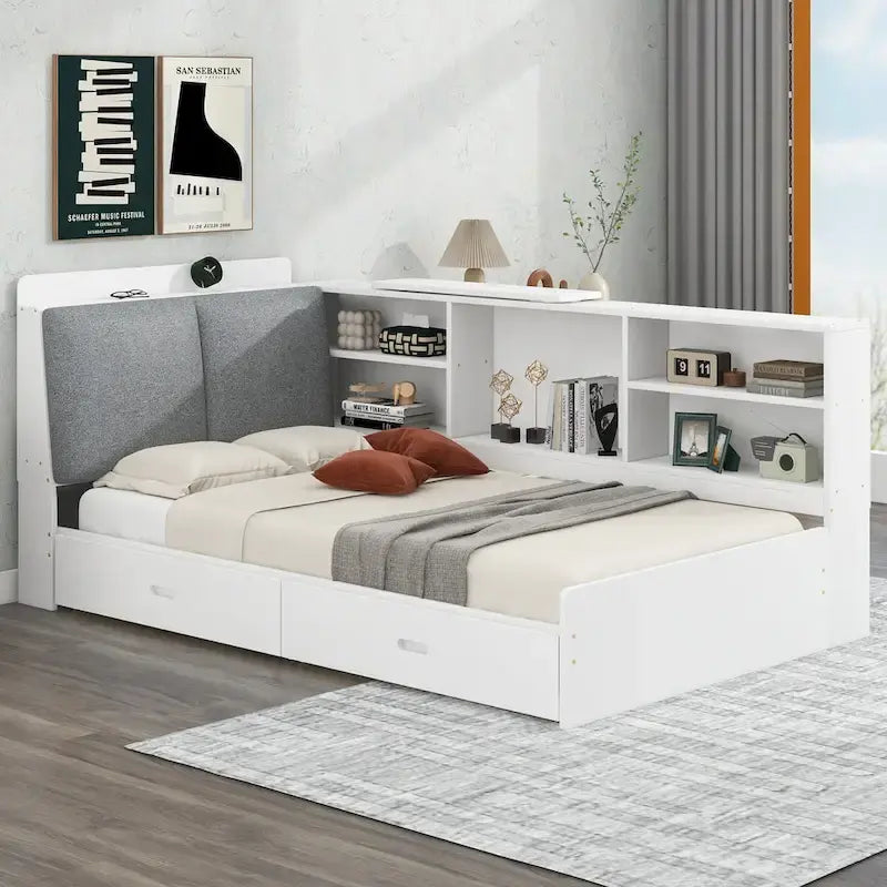 King Size Upholstered Bed with Storage Headboard and Trundle