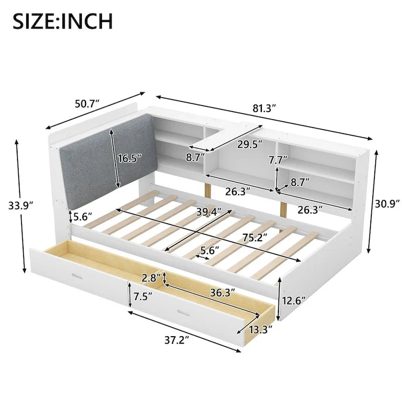King Size Upholstered Bed with Storage Headboard and Trundle