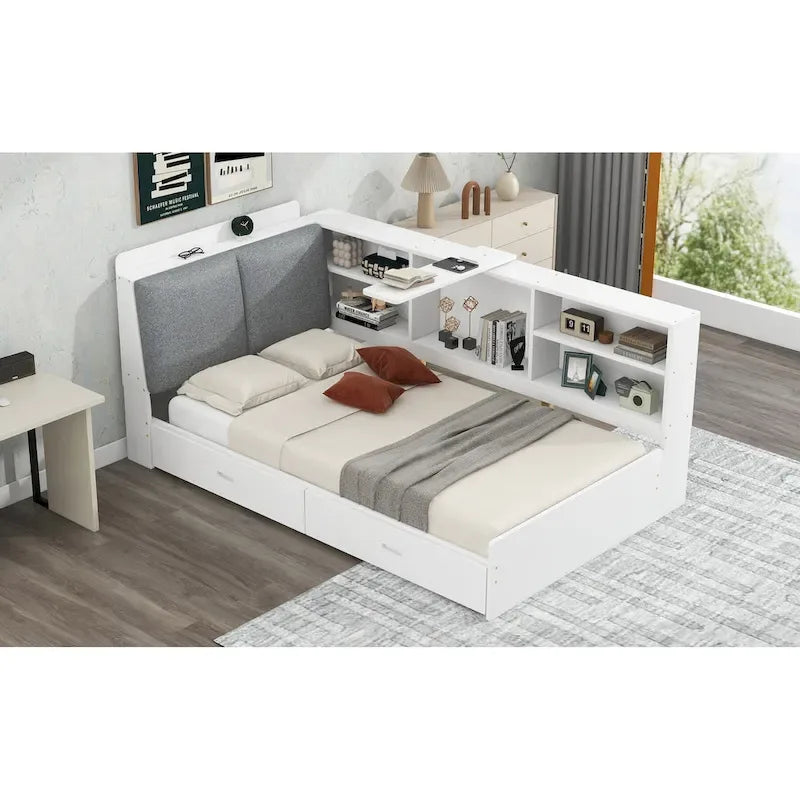 King Size Upholstered Bed with Storage Headboard and Trundle