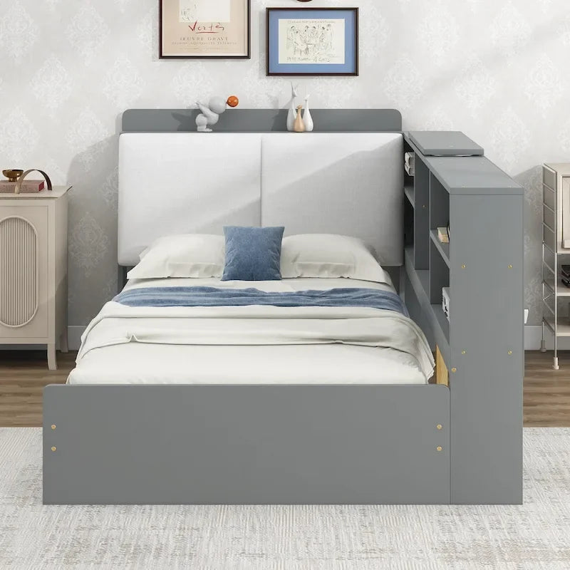King Size Upholstered Bed with Storage Headboard and Trundle