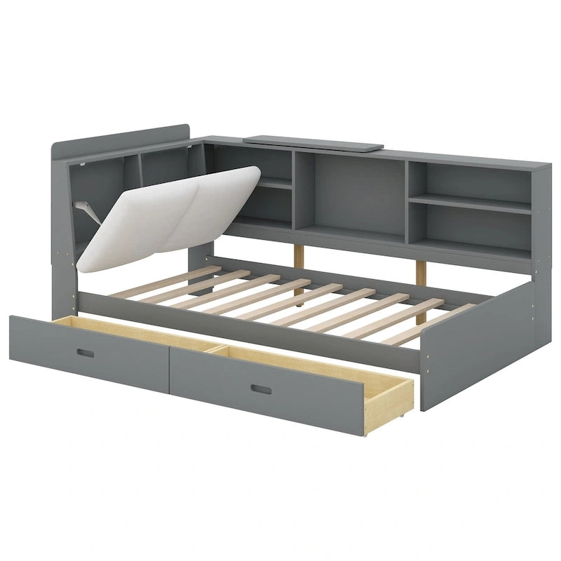 King Size Upholstered Bed with Storage Headboard and Trundle
