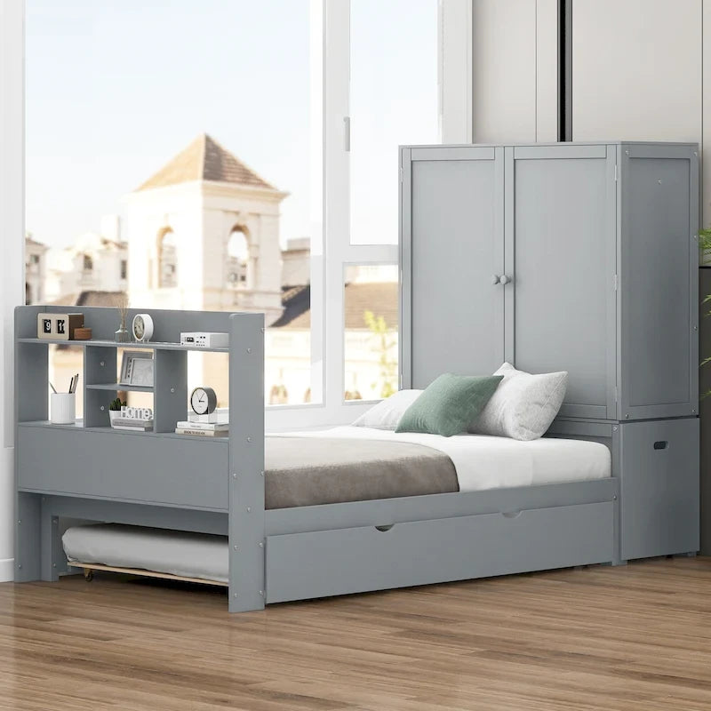 Twin Platform Bed with Storage Headboard, Pull-Out Shelves, and Trundle