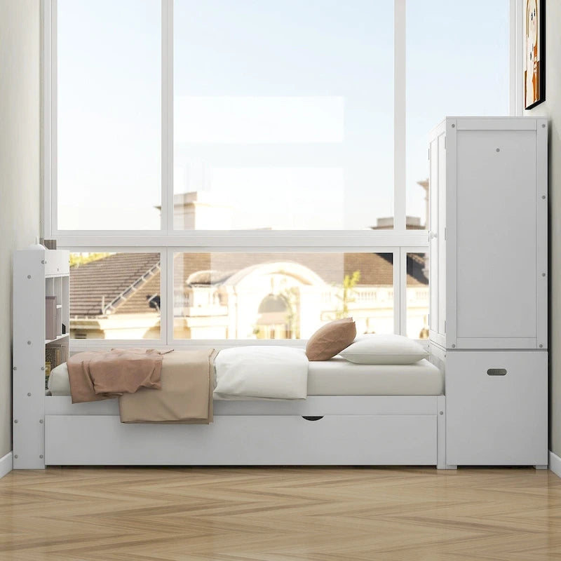 Twin Platform Bed with Storage Headboard, Pull-Out Shelves, and Trundle