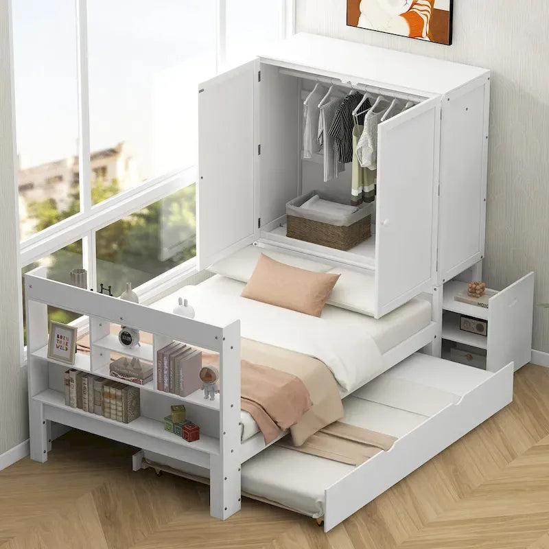 Twin Platform Bed with Storage Headboard, Pull-Out Shelves, and Trundle
