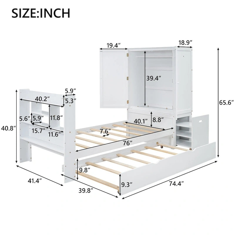 Twin Platform Bed with Storage Headboard, Pull-Out Shelves, and Trundle