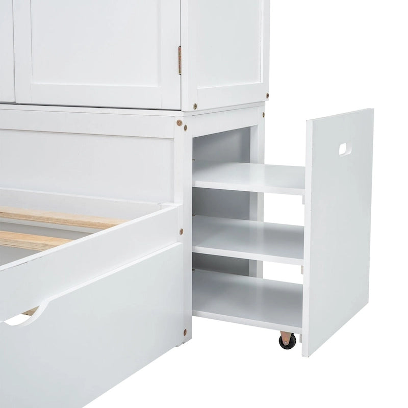 Twin Platform Bed with Storage Headboard, Pull-Out Shelves, and Trundle
