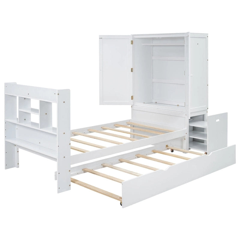 Twin Platform Bed with Storage Headboard, Pull-Out Shelves, and Trundle