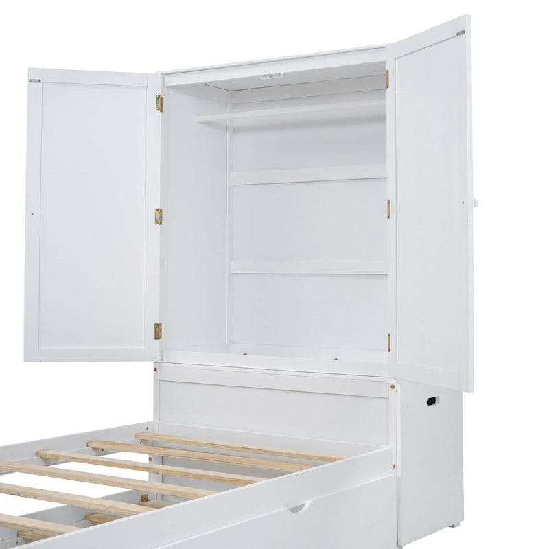Twin Platform Bed with Storage Headboard, Pull-Out Shelves, and Trundle
