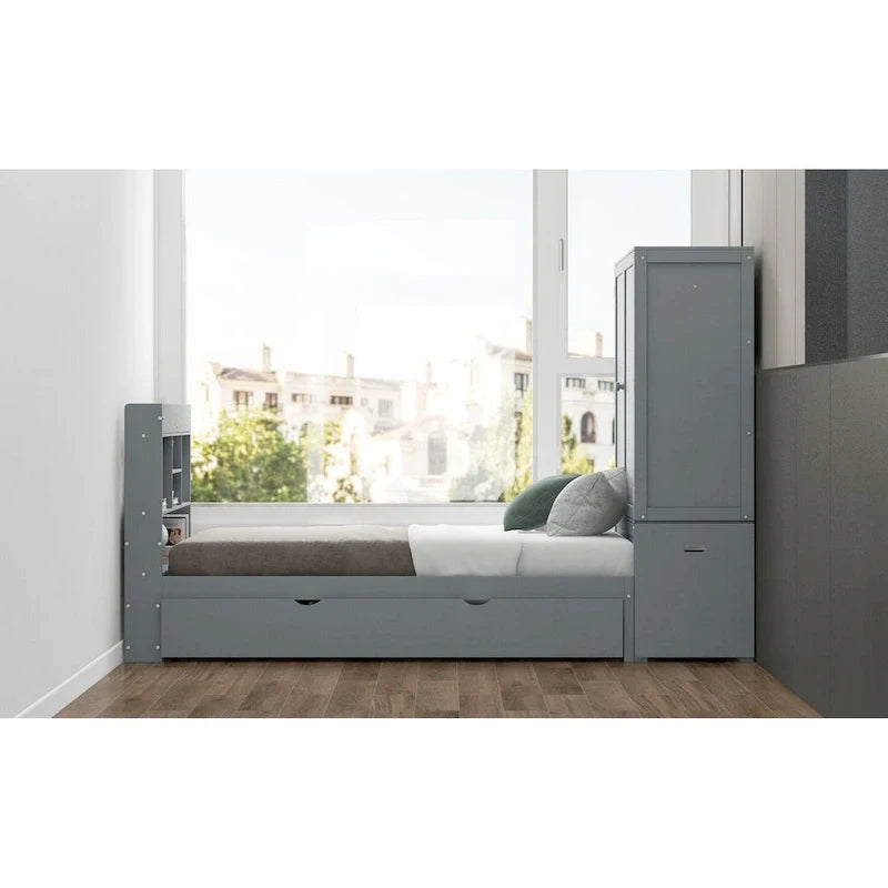 Twin Platform Bed with Storage Headboard, Pull-Out Shelves, and Trundle