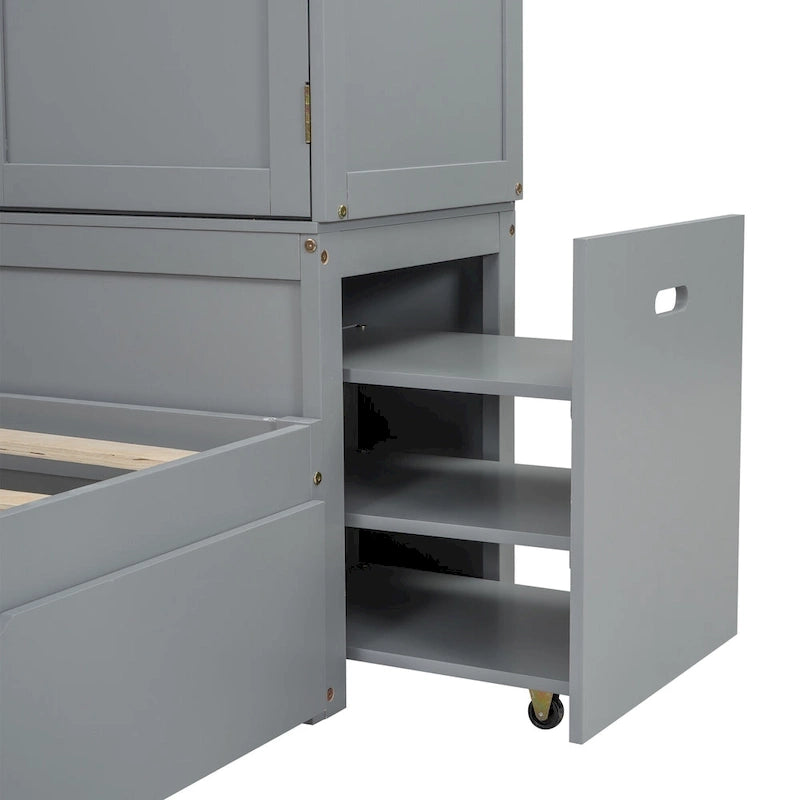 Twin Platform Bed with Storage Headboard, Pull-Out Shelves, and Trundle