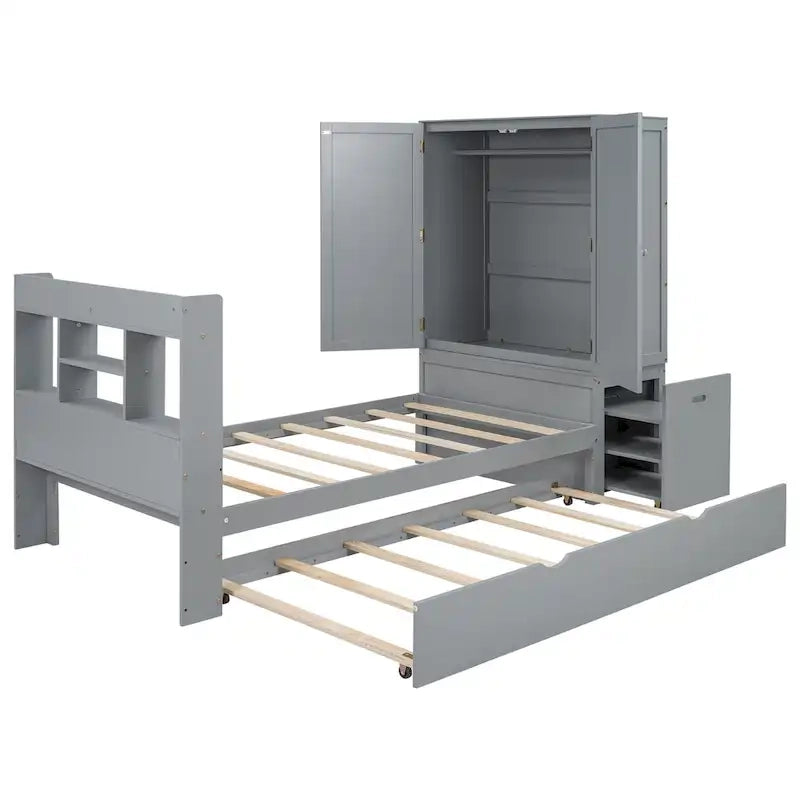 Twin Platform Bed with Storage Headboard, Pull-Out Shelves, and Trundle