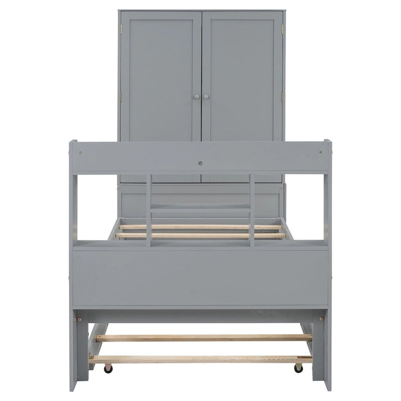 Twin Platform Bed with Storage Headboard, Pull-Out Shelves, and Trundle