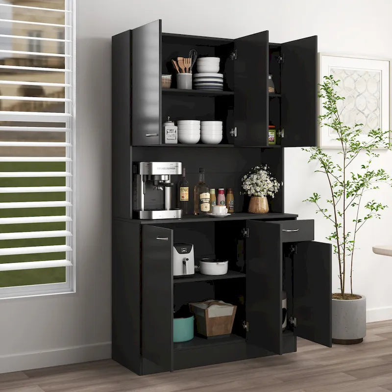 Armoire Haute Moderne avec 6 Portes, 1 Étagère Ouverte et 1 Tiroir pour Chambre, Cuisine