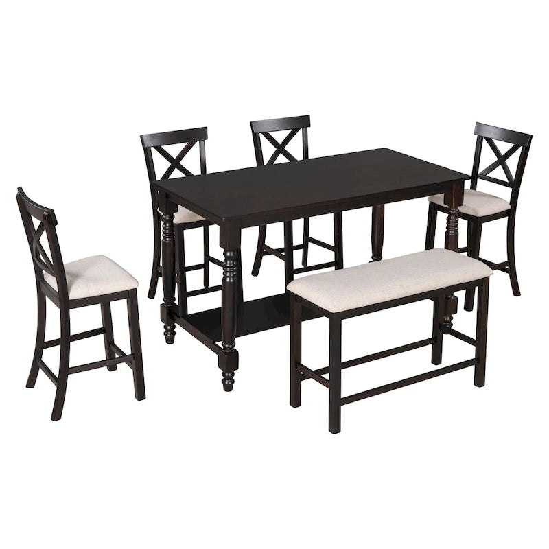 Espresso 6-Piece Counter Height Wooden Dining Table Set with 4 Chairs & Bench