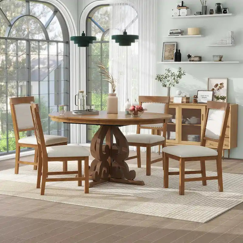 5-Piece Wooden Dining Table Set with Extendable Table & 4 Chairs