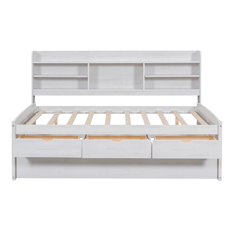 Full Pine Captain Bed with Shelves, Drawers & Trundle