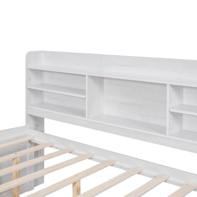Full Pine Captain Bed with Shelves, Drawers & Trundle