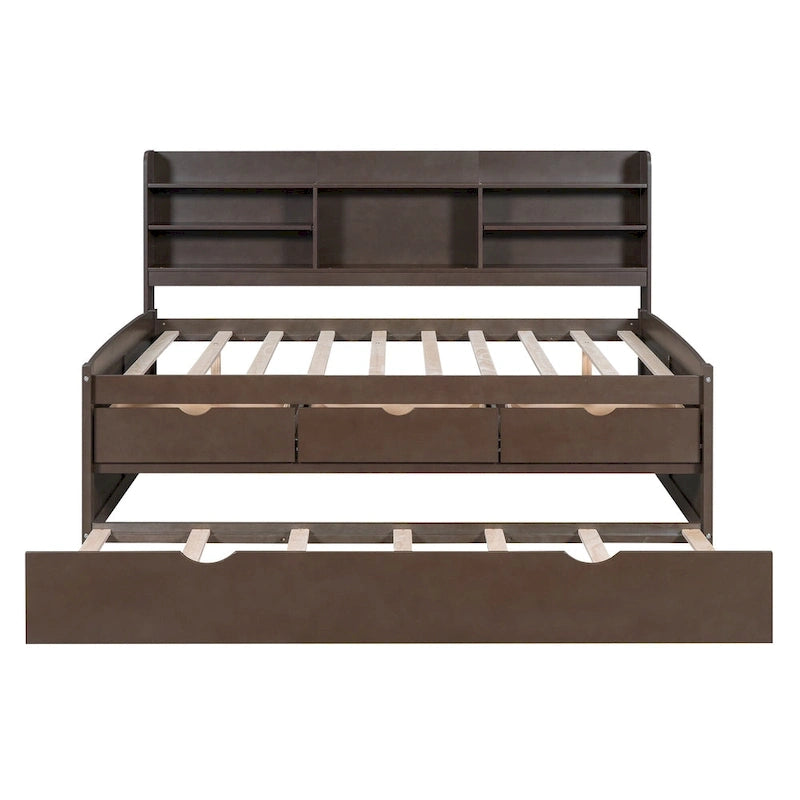 Full Pine Captain Bed with Shelves, Drawers & Trundle
