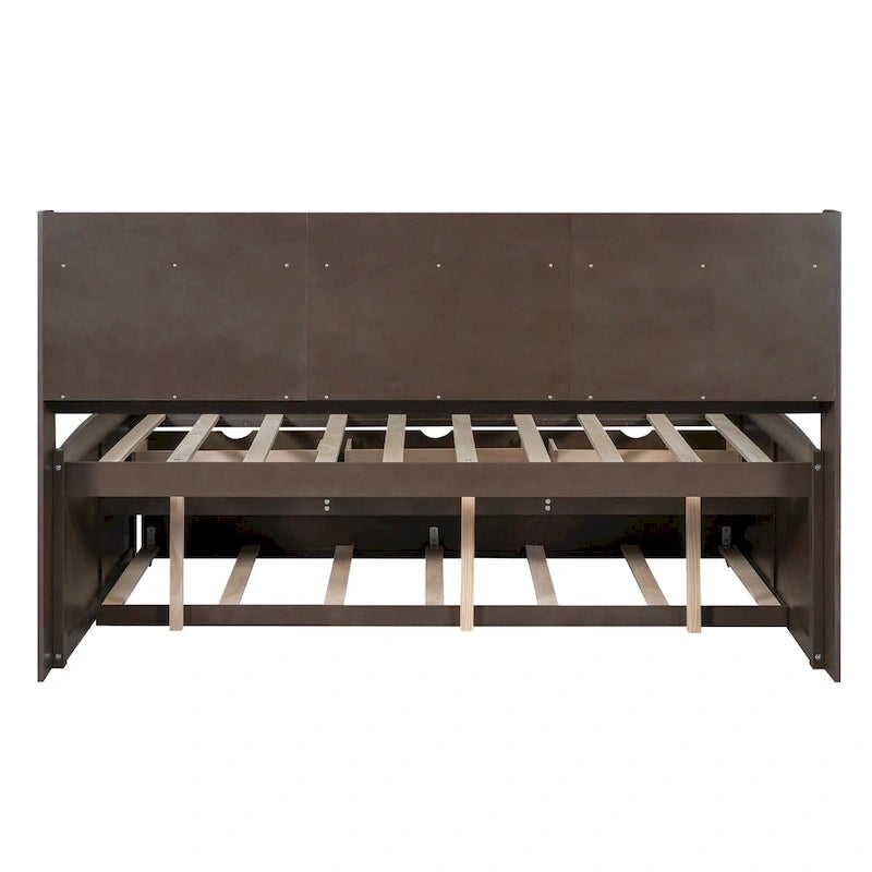 Full Pine Captain Bed with Shelves, Drawers & Trundle