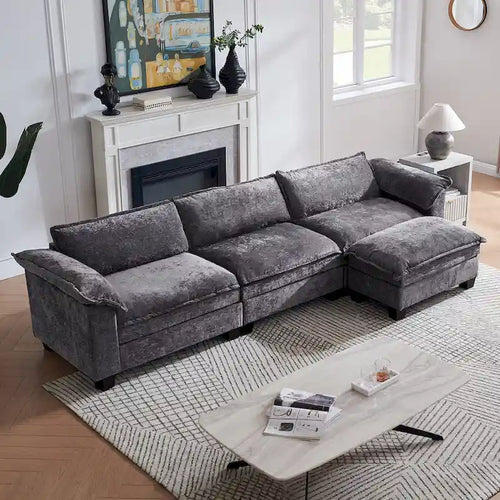 120 Chenille L-Shaped Modular Sofa with Ottoman, Sleeper Design