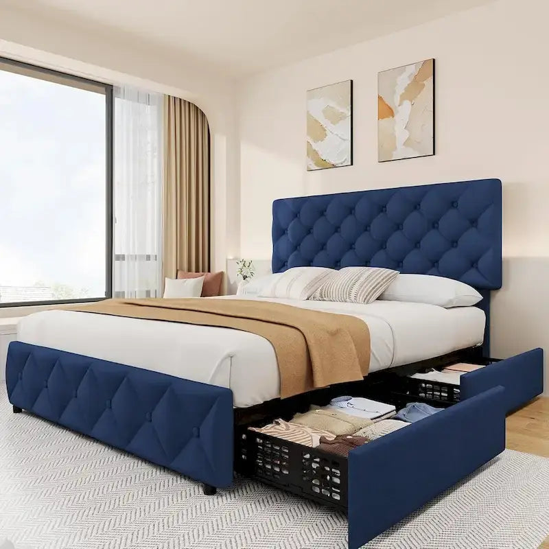 Full Bed Frame with 4 Storage Drawers and Headboard, Linen Upholstered Platform Bed Frame with Wooden Slats Support
