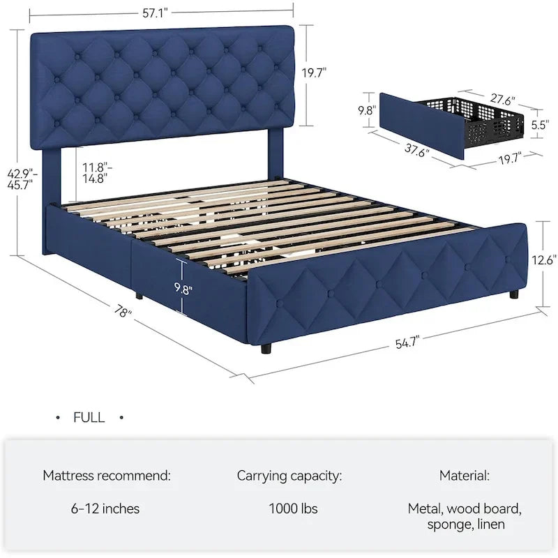 Full Bed Frame with 4 Storage Drawers and Headboard, Linen Upholstered Platform Bed Frame with Wooden Slats Support