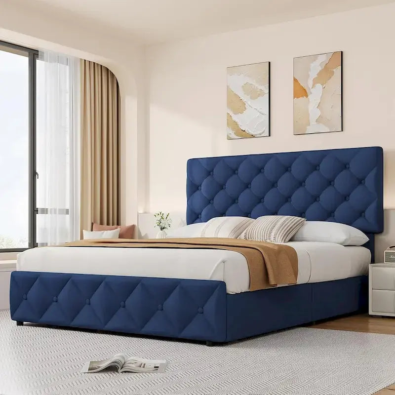 Full Bed Frame with 4 Storage Drawers and Headboard, Linen Upholstered Platform Bed Frame with Wooden Slats Support
