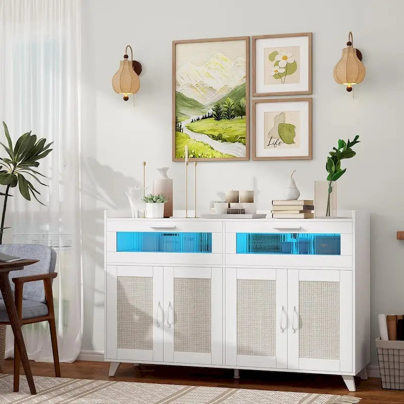 Sideboard Buffet Cabinet with LED Light & Power Outlet Storage Cabinet Coffee Bar Table