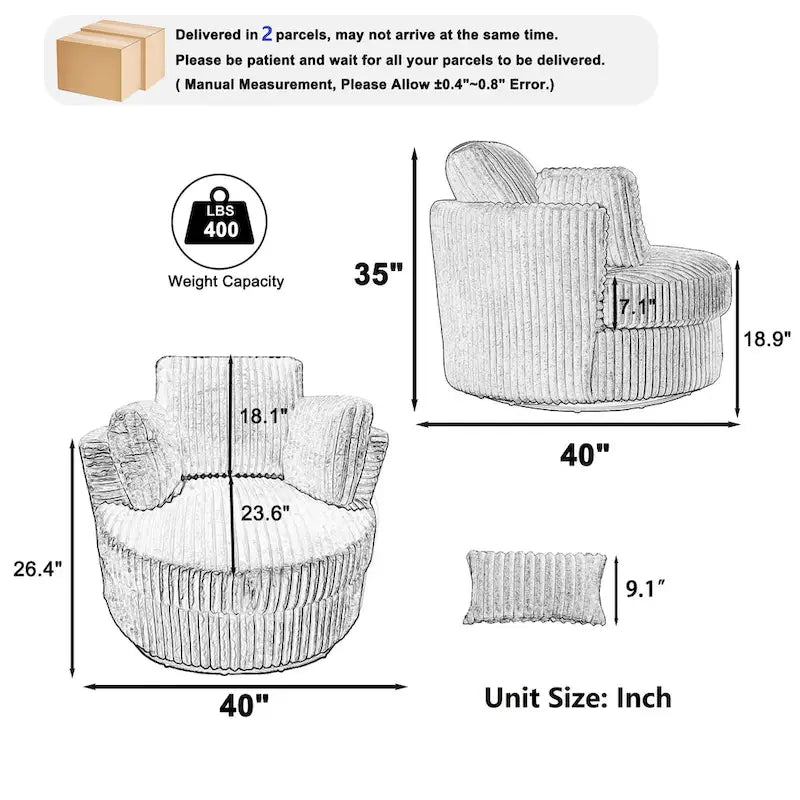 Oversized 360 Degreed Swivel Accent Chair Modern Soft Plush Corduroy Round Barrel Chair for Living Room Bedroom with Pillows