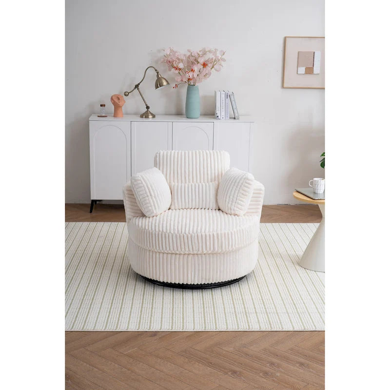 Oversized 360 Degreed Swivel Accent Chair Modern Soft Plush Corduroy Round Barrel Chair for Living Room Bedroom with Pillows