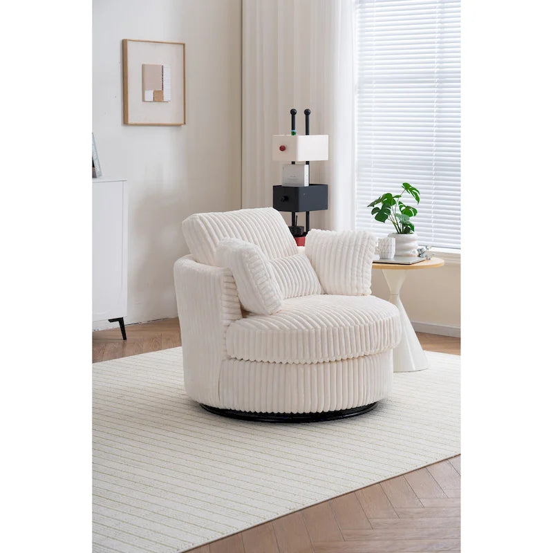 Oversized 360 Degreed Swivel Accent Chair Modern Soft Plush Corduroy Round Barrel Chair for Living Room Bedroom with Pillows