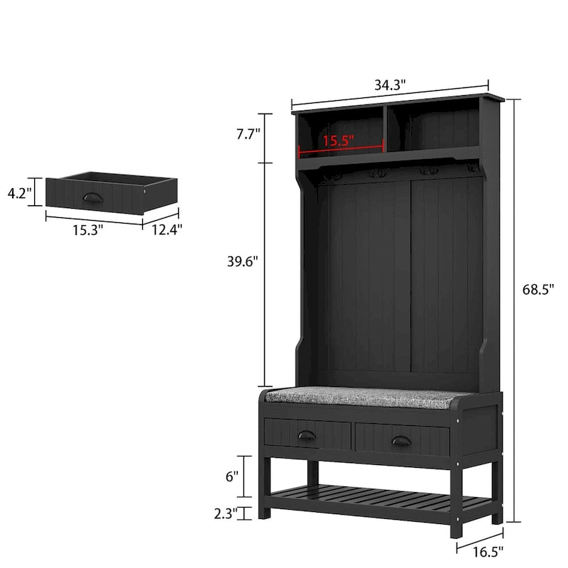 Porte-manteau avec banc et rangement à chaussures avec coussin 34,3 L 68,5 H