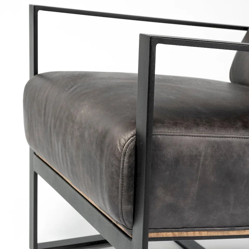 Stamford Black Genuine Leather w/ Light Brown Solid Wood Back & Black Iron Frame Accent Chair