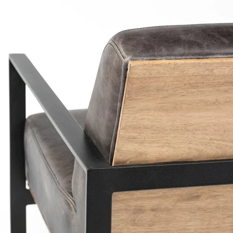 Stamford Black Genuine Leather w/ Light Brown Solid Wood Back & Black Iron Frame Accent Chair