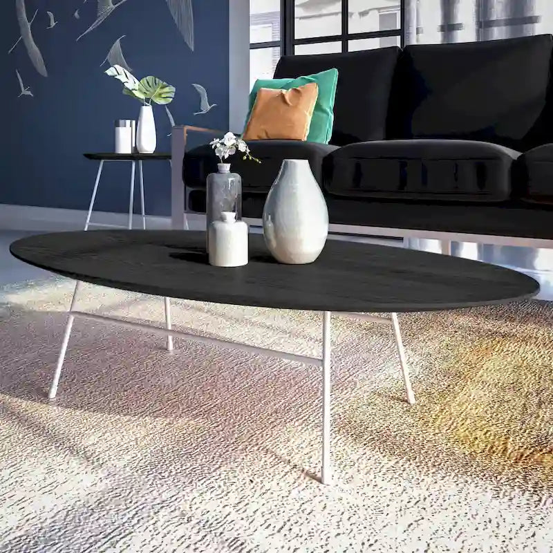 Rossmore Modern Oval Accent Coffee Table with White Powder Coated Steel Frame for Home Office Living Room Bedroom
