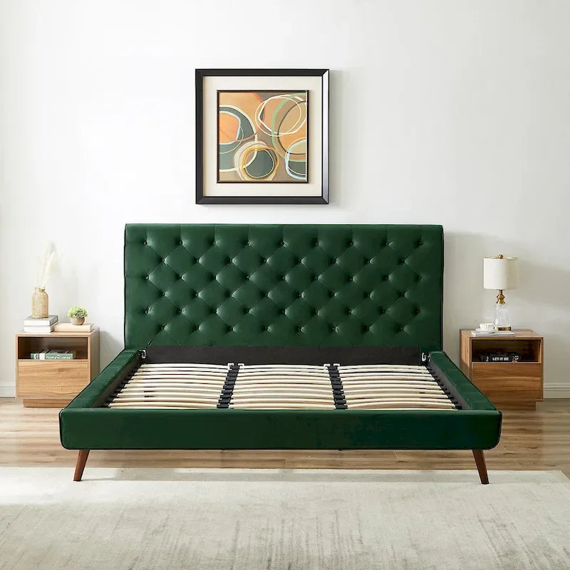 Annalisa Mid-Century Modern Velvet Platform Bed Dark Green