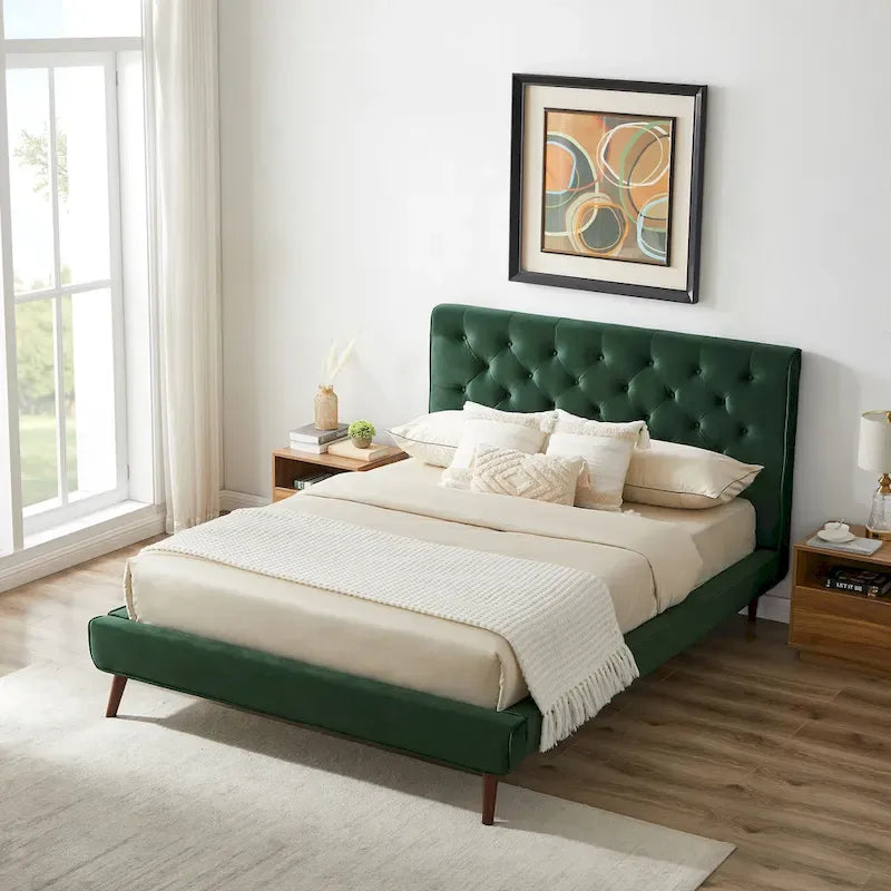 Annalisa Mid-Century Modern Velvet Platform Bed Dark Green