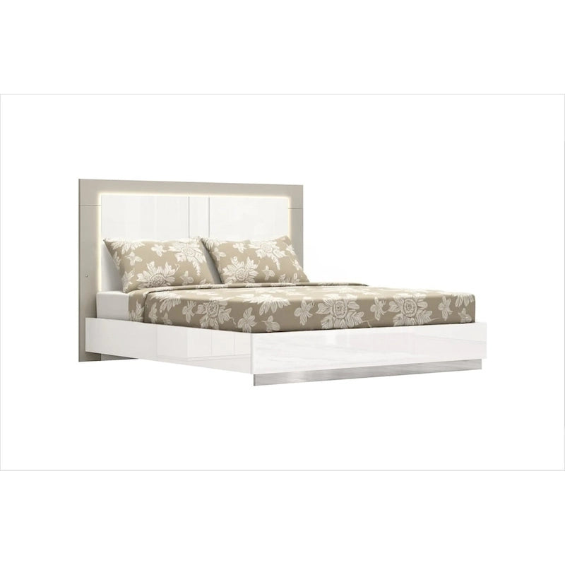 HomeRoots King White High Gloss Bed Frame with LED Headboard