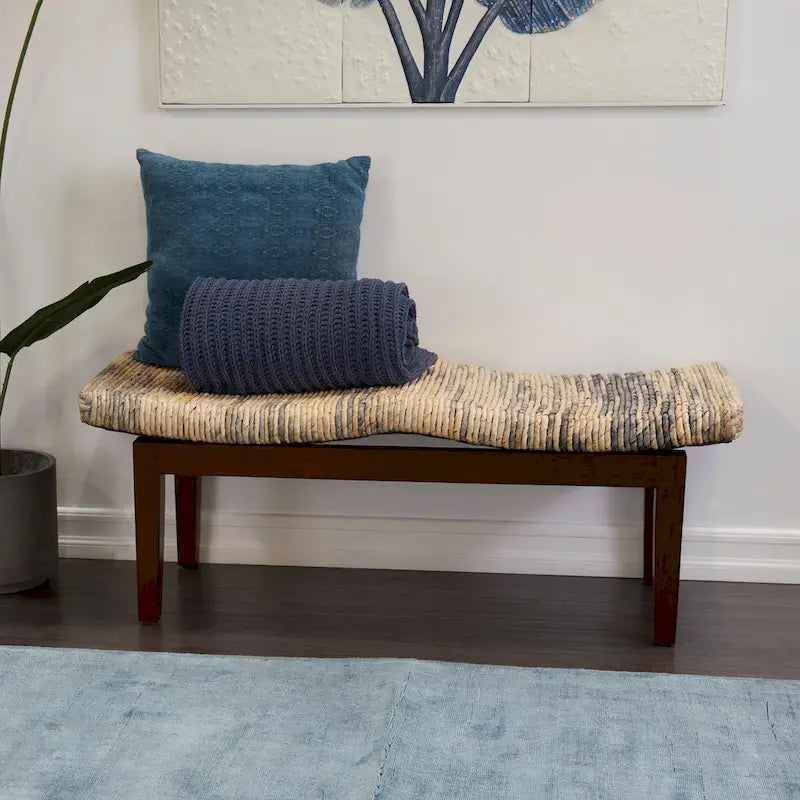 Banc tissé fait main en bois - Marron - 17L x 47P x 18H