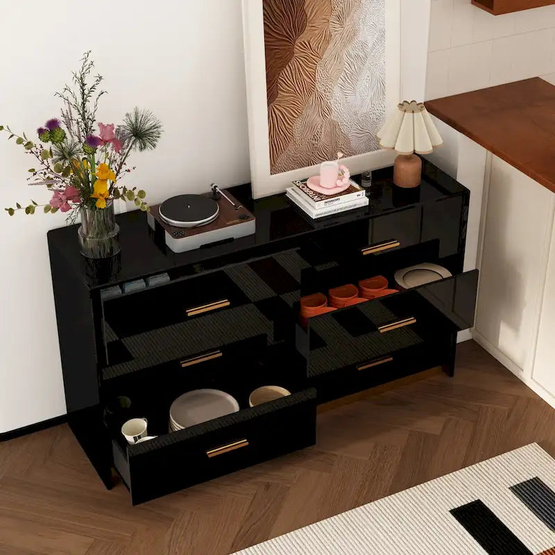 55.1 Modern 6-Drawer Bedroom Dresser Glossy Finish Chest Of Drawers