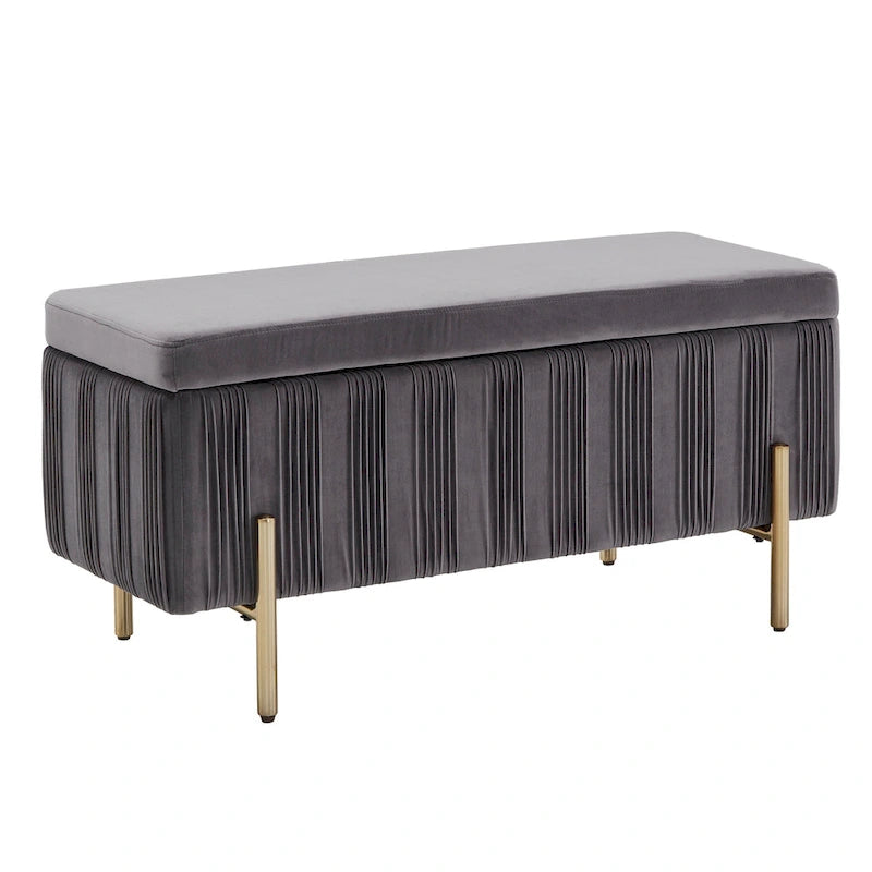 Banc de rangement gris en velours plissé avec couvercle relevable