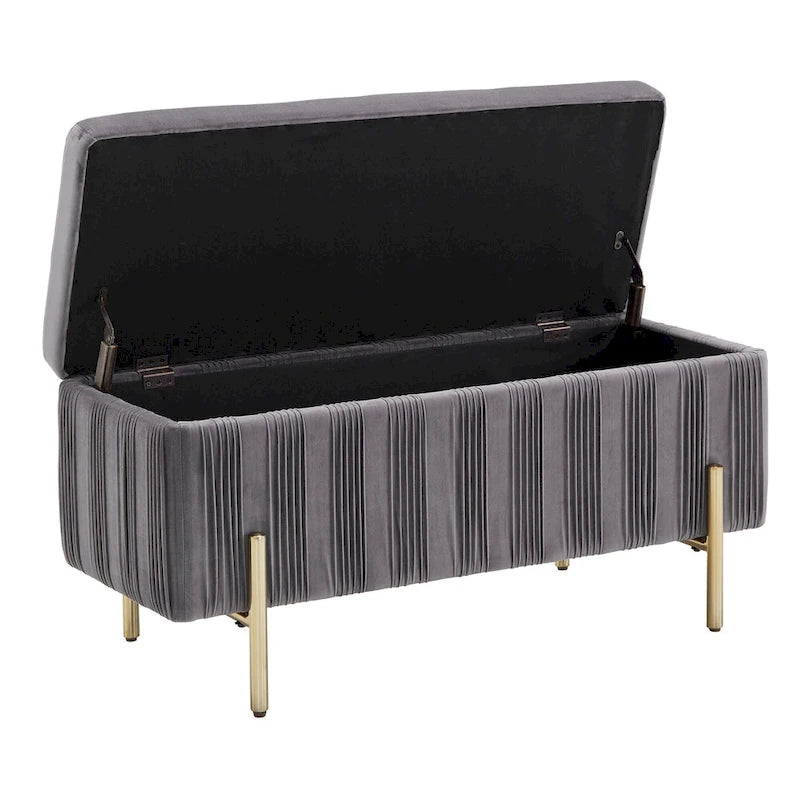 Banc de rangement gris en velours plissé avec couvercle relevable