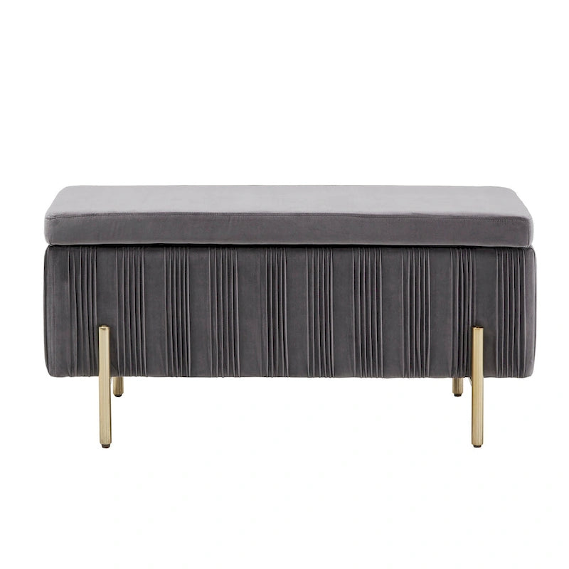 Banc de rangement gris en velours plissé avec couvercle relevable