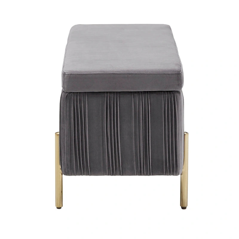 Banc de rangement gris en velours plissé avec couvercle relevable