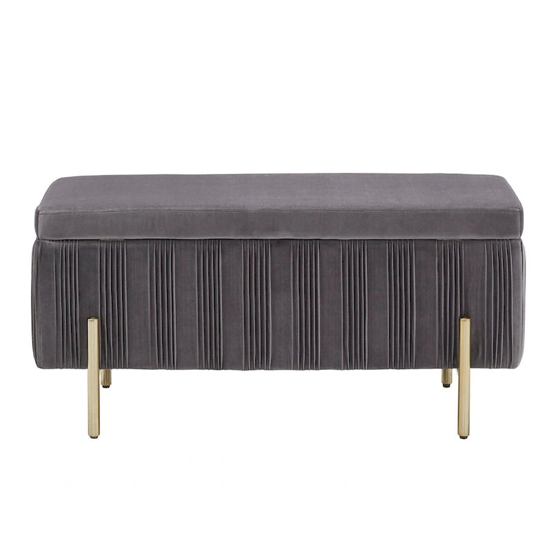 Banc de rangement gris en velours plissé avec couvercle relevable