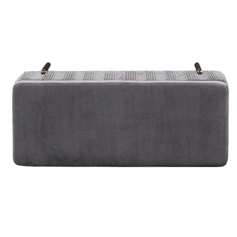 Banc de rangement gris en velours plissé avec couvercle relevable